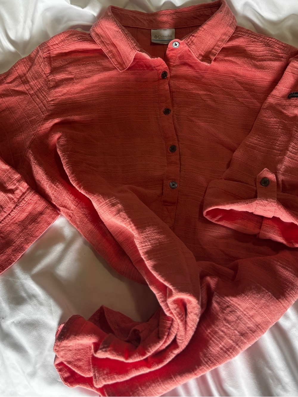 Columbia Sportswear Coral Textured Button Down Shirt Roll Tab Sleeve XL